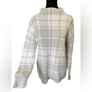Soft Surroundings Gray White Plaid Stretch Mock Neck Classic Classy Knit Sweater